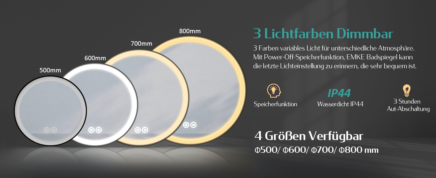 Круглий дзеркало для ванної кімнати EMKE з підсвічуванням 50 см, 3 кольори, диммування, антизапар, пам'ять, сенсорне керування, таймер 3 години, енергозбереження
