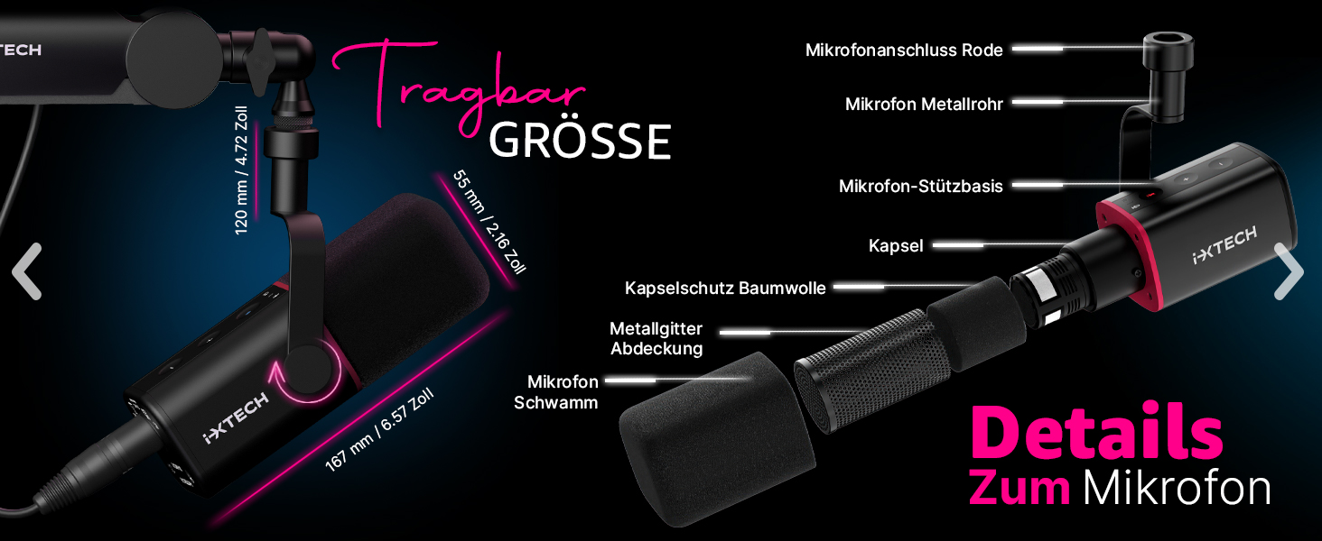 Динамічний мікрофон IXTECH з кардіоїдною діаграмою, RGB підсвічуванням, USB/XLR для студії, подкастів, стрімів, вокалу, озвучування, білий (чорний, M)