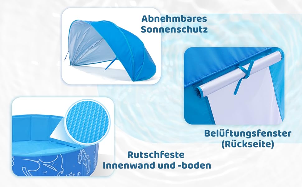 Надувне дитяче басейн з тінню 47 дюймів для пляжу, саду, дому (блакитний)