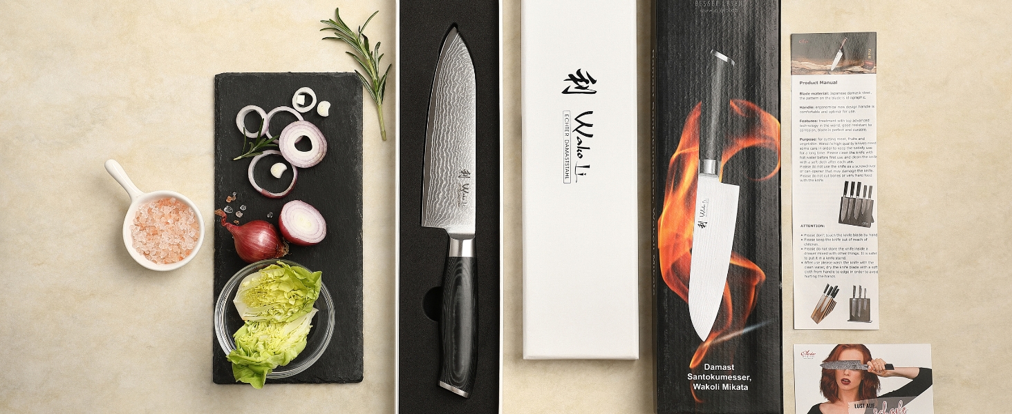 Ніж кухонний Wakoli Mikata Damast Santoku 17 см з лезом з дамаської сталі (67 шарів) з ручкою Micarta