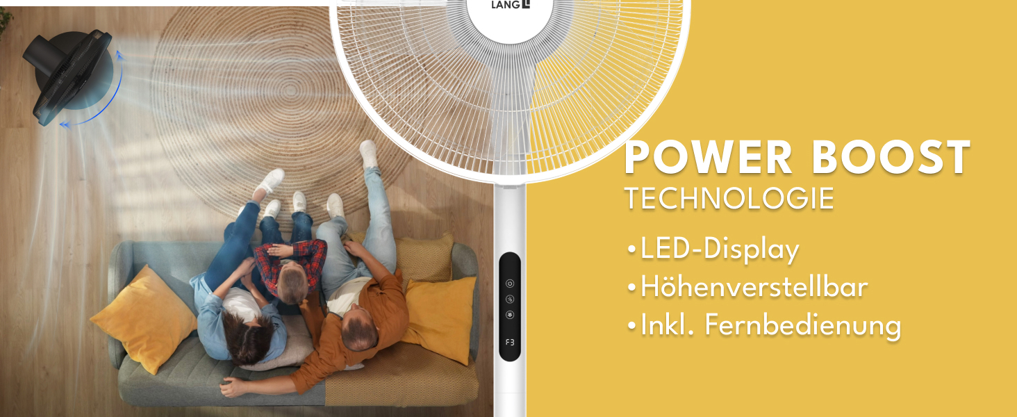 Підлоговий вентилятор LEBENLANG з пультом керування, LED-дисплеєм, 5 режимів, енергозбереження, осциляція, тиха робота, таймер, 60W, чорний