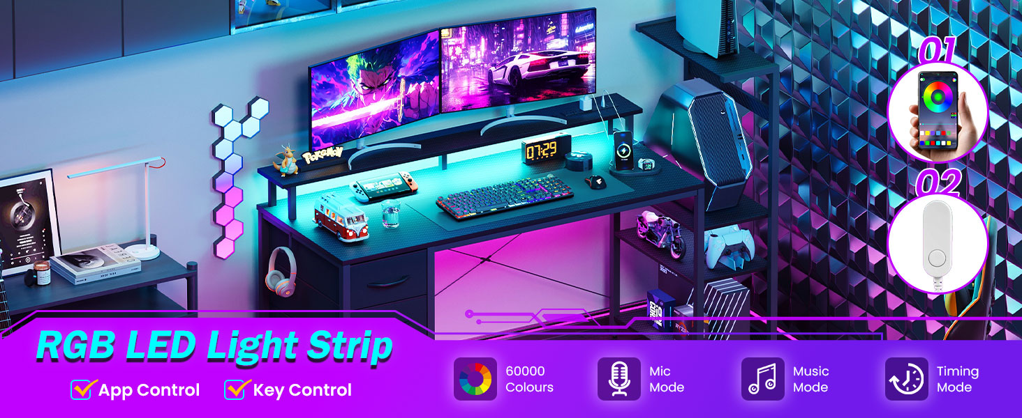 Ігровий стіл APICIZON 150 см з поличкою, підставкою під монітор та RGB-підсвіткою, чорний. Комп'ютерний стіл з USB, тримачем для навушників та підставки для чашки, карбоновий дизайн