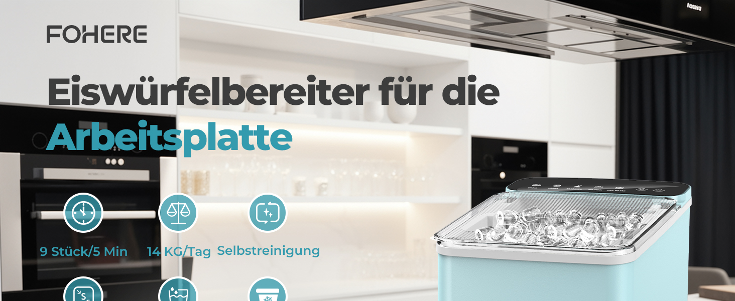 Машина для льоду Fohere портативна, самоочищення, 14 кг/24 год, зелена - для дому, бару, офісу, кемпінгу