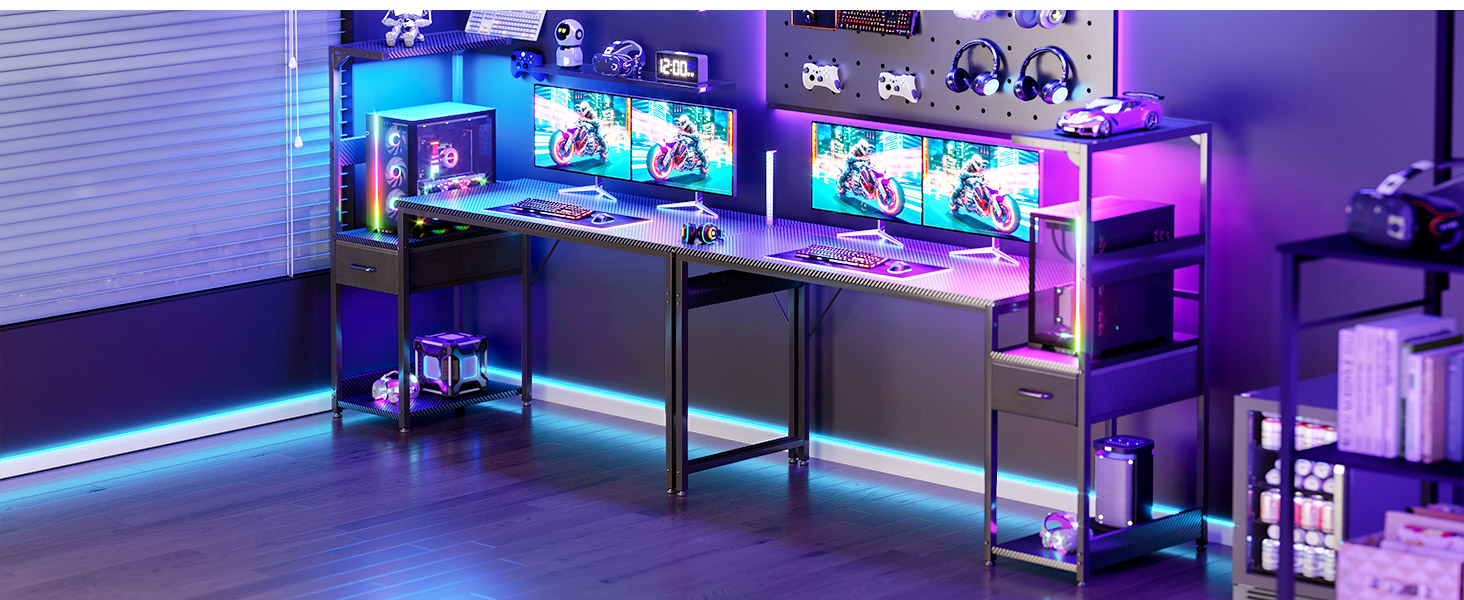 Ігровий стіл Coleshome з LED-підсвічуванням 120x48 см, з ящиками та полицею, обертовий, з тримачем для навушників, карбонове волокно чорного кольору