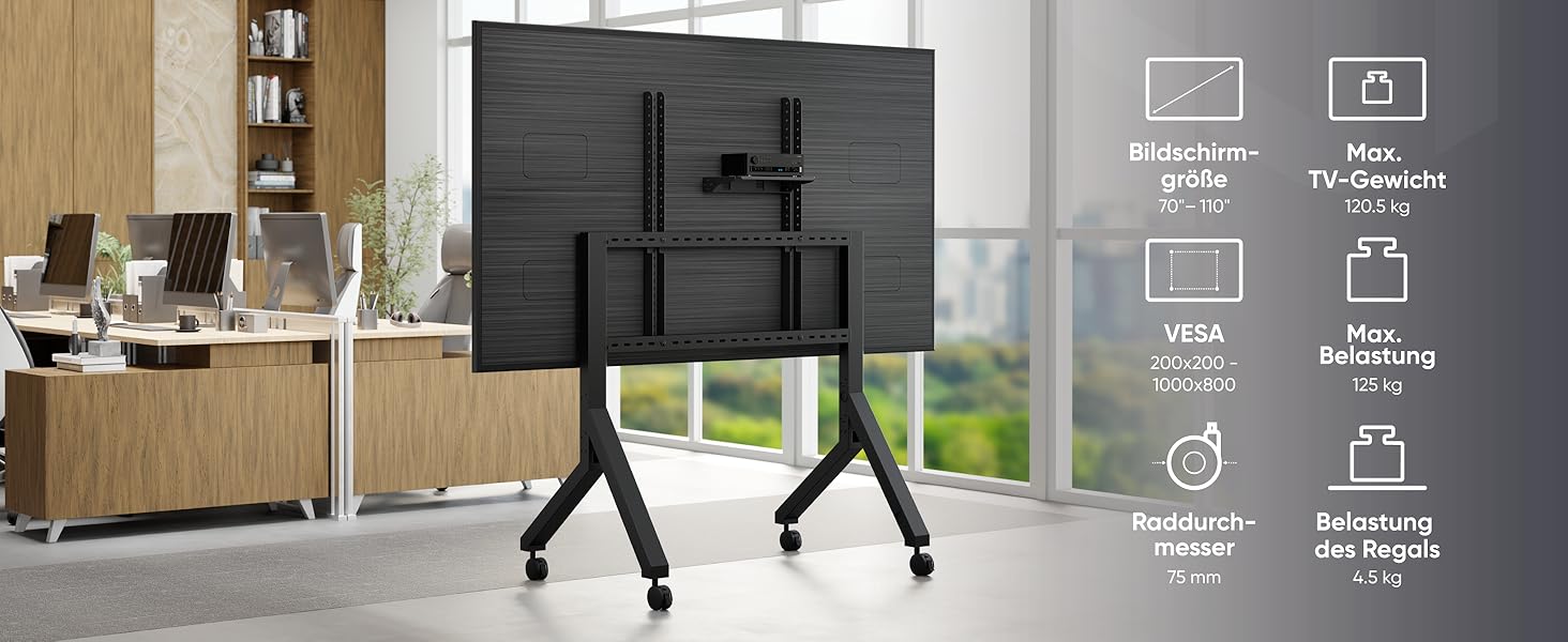 ONKRON Телевізійна стійка на коліщатках для телевізорів 70-110 дюймів, до 125 кг, з полицею, VESA 200x200-1000x800, чорна TS2081-B TS2081