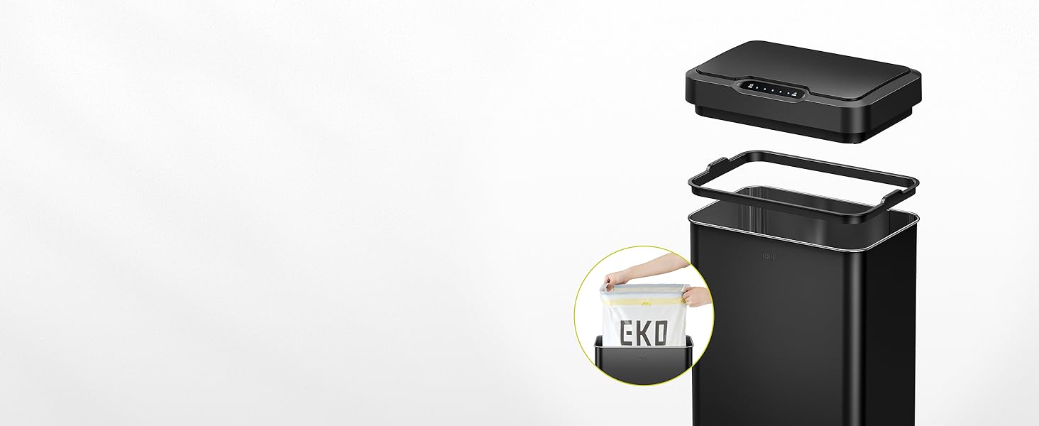 Відро для сміття EKO Mirage-T 50L з датчиком, автоматичне, чорне, з нержавіючої сталі, з м'яким закриванням, антибактеріальне покриття
