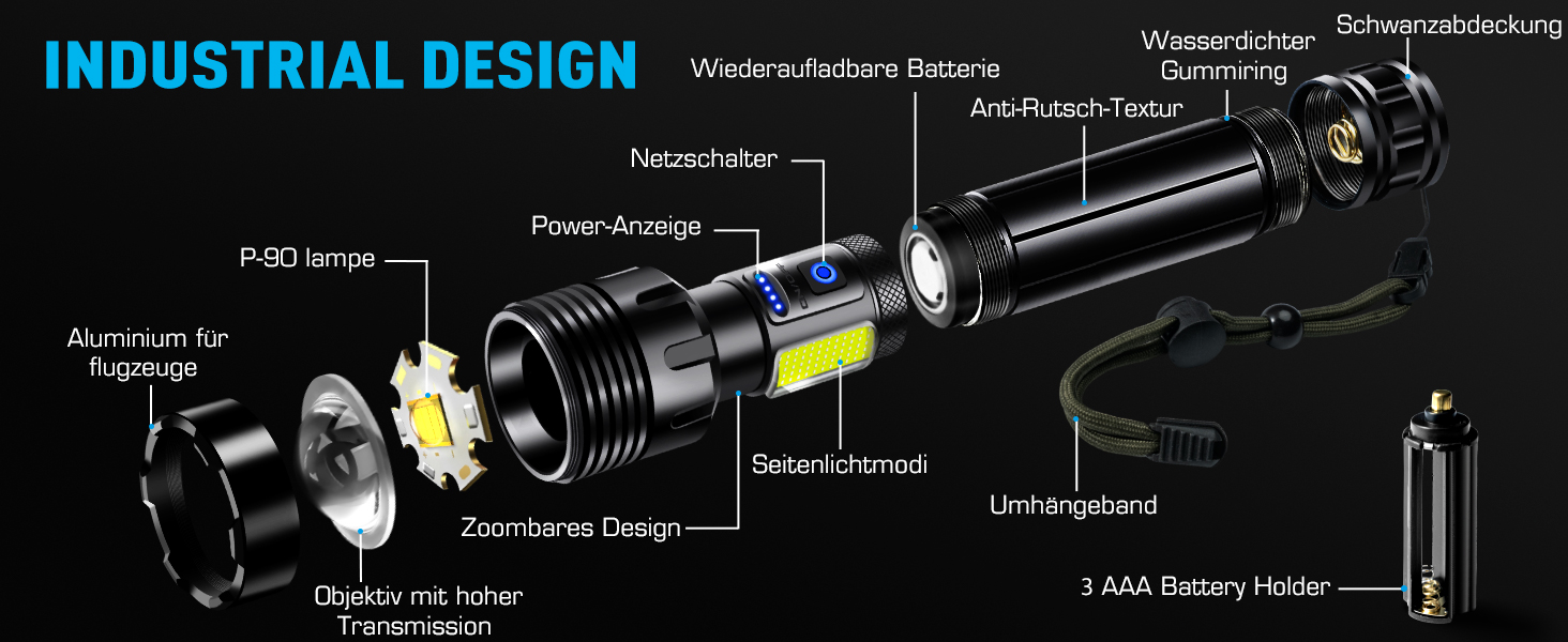 Акумуляторний світлодіодний ліхтар Glarylight 500000 люмен, XHP90.2, IPX-7, 9 режимів, масштабований, на вулиці/для кемпінгу