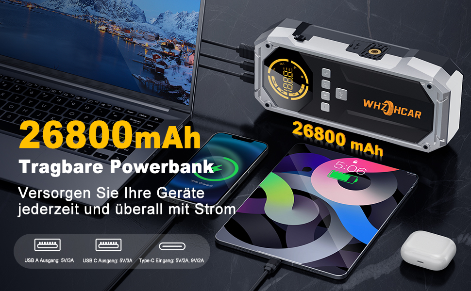 Портативний пусковий пристрій Starthilfe Powerbank 6000A з компресором, ліхтарем Lumen та LCD-дисплеєм. Чорний