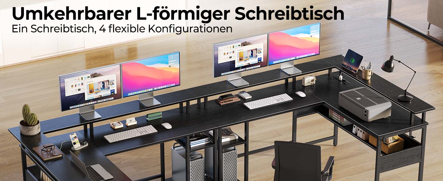 Роланстар Стіл ігровий L-подібний з LED та розеткою, 137 x 108 см, комп'ютерний стіл з підставкою для монітора та місцем для зберігання, реверсивний кутовий стіл для офісу, домашнього офісу (Білий) (Чорний)