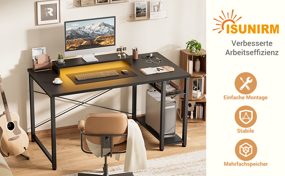 Ігровий стіл з LED підсвічуванням та розетками, стіл для комп'ютера з USB, стіл для ПК з підставкою для монітора, сучасний офісний/письмовий стіл для офісу та ігрової кімнати, чорний