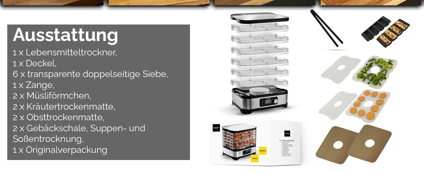 Дорівка для продуктів VitaSave FD01S з нержавіючої сталі, 450W, 6 ящиків, 9 аксесуарів, 4725 см², таймер 24 год, LED-дисплей, BPA-free, для фруктів та сухофруктів