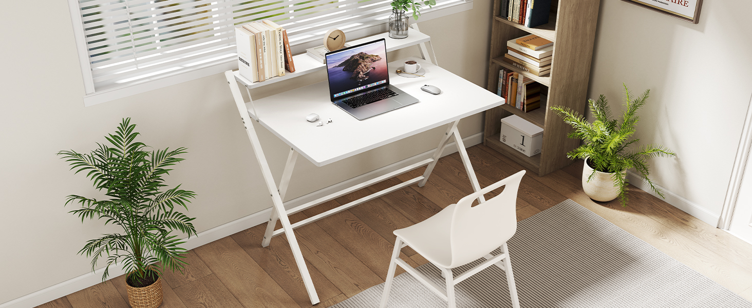 Зламуваний стіл Yaheetech 80 см, комп'ютерний стіл з полицею, двоступеневий робочий стіл з підставкою для монітора, стіл для ноутбука для домашнього офісу/маленьких кімнат/вітальні, білий, 80 см x 50 см, білий, 106.5x60.5x90 см