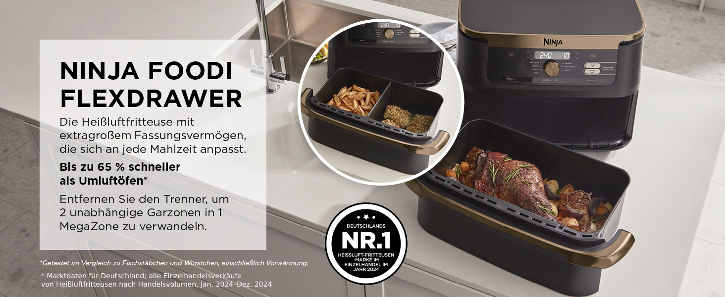 Фритюрниця Ninja Foodi FlexDrawer AF500EUCP: 10.4л, Dual Zone, 7-в-1, Чорний & Мідний, Знімний роздільник