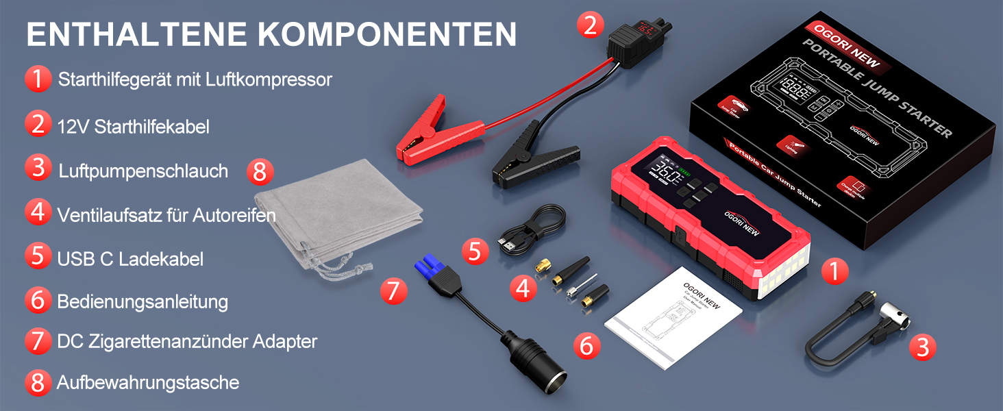 Powerbank для автомобіля з компресором Starthilfe 6000A, LED-ліхтарик, 12V, для 8L бензину/10L дизеля