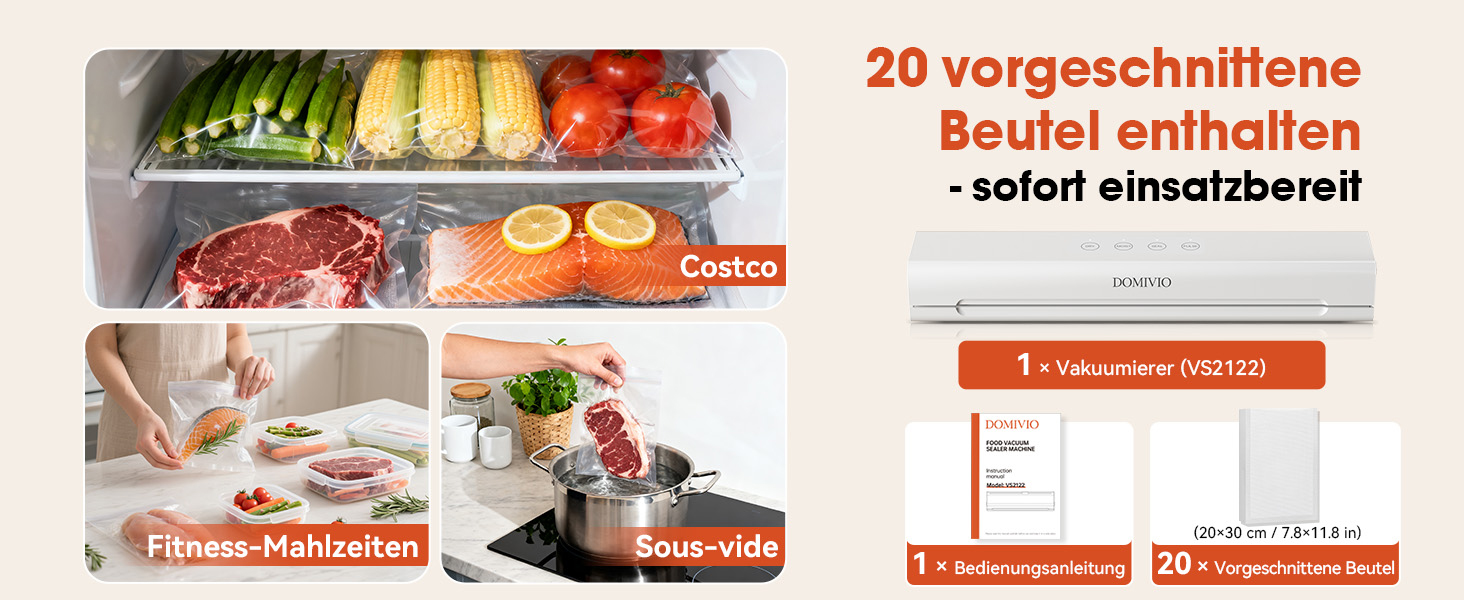 Вакууматор для продуктів з нержавіючої сталі Entry Vacuum Sealer VS2122, 85 кПа, для сухих та вологих продуктів, LED-панель, з зовнішнім відсмоктуванням та 20 пакетами