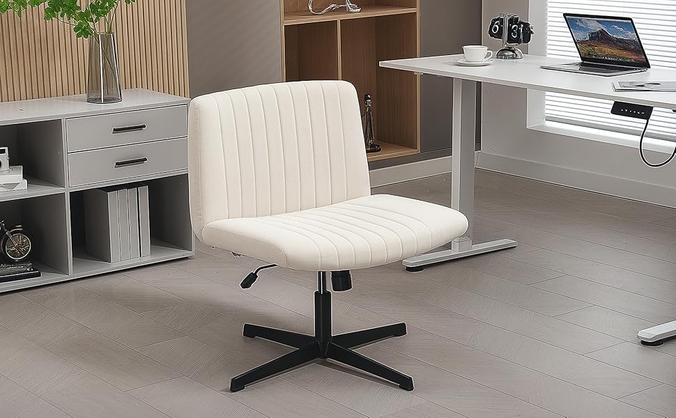 Крісло офісне без підлокітників HOMCOM, тканина льон, регульоване, поворотне, для дому, кремове