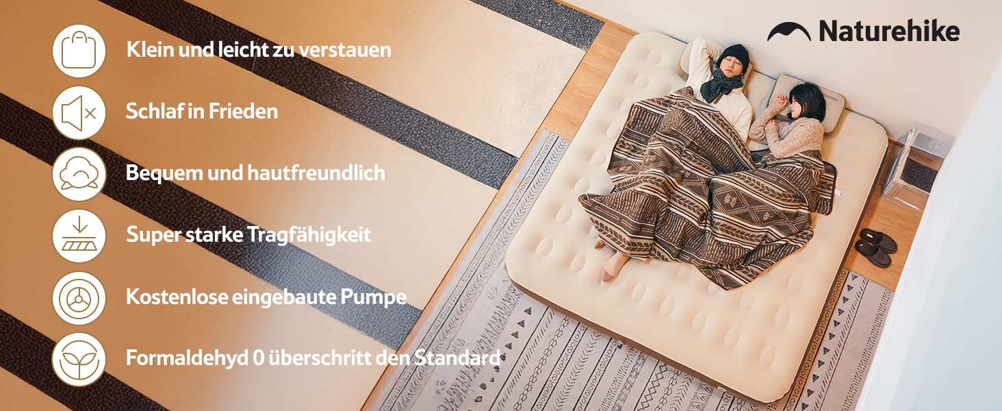 Надувна матрац Naturehike для 2 осіб з електричним насосом, 200x150x25 см. Самостійно надувна, преміум-якість, для кемпінгу та дому. Колір: коричневий.