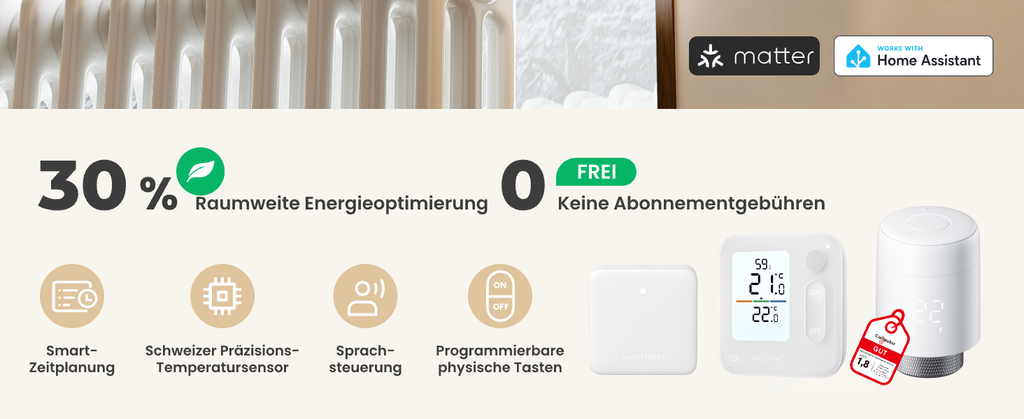 SwitchBot Smart Термостат на радіатор Bluetooth з керуванням через додаток, таймером, енергозбереженням, сумісний з Alexa, Apple Home та Home Assistant (потрібен Hub) - Matter Combo