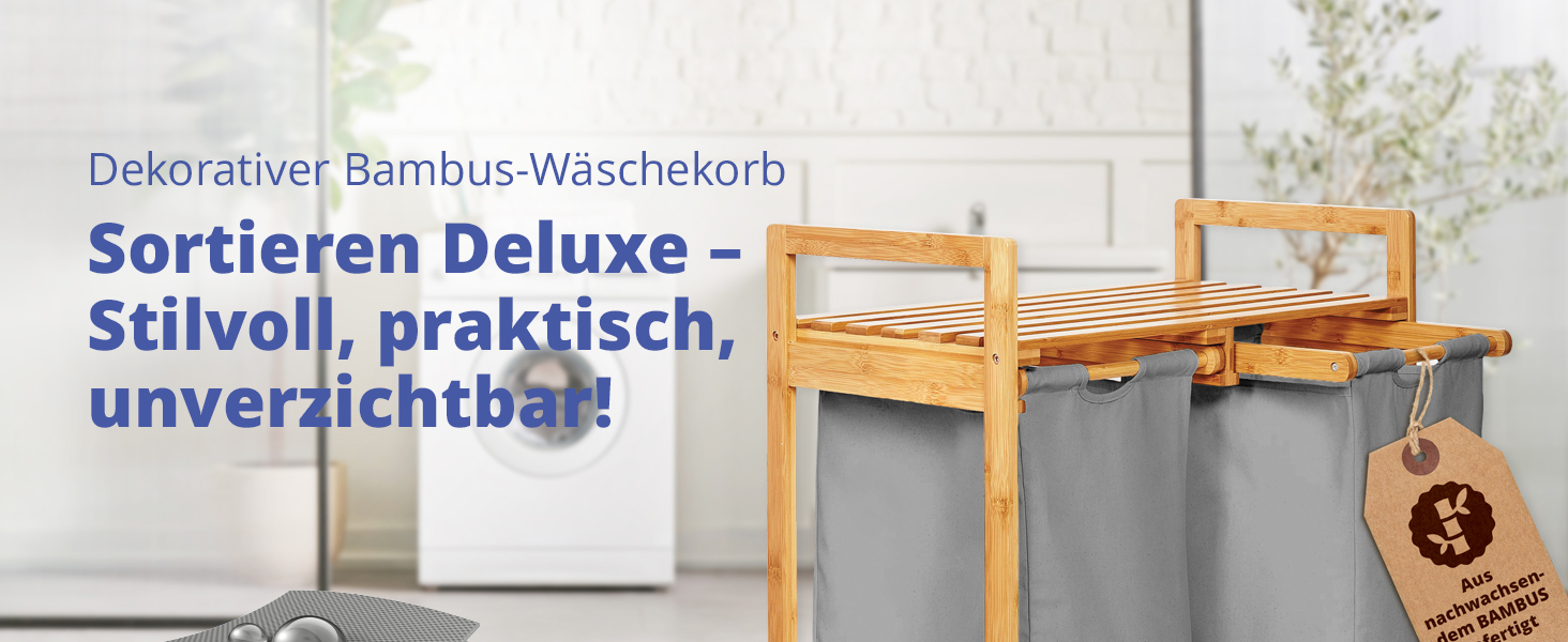 Кошик для білизни Lumaland з бамбука з 2 висувними мішками для білизни | Легкий у догляді, стійкий до вологи, легко очищується | Висота приблизно 73 см x 64 см ширина x 33 см глибина [Бежевий] 2 відділення для білизни, 2 мішки для білизни | Бежевий