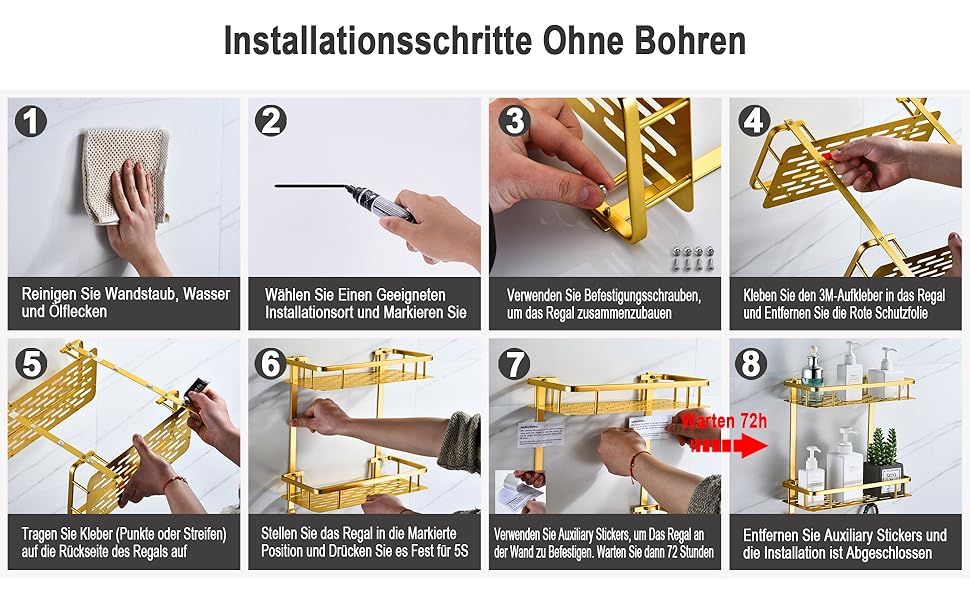 Золота полиця для душу Maifey, металева, без свердління, настінна, 2 яруси, антикорозійна, з клейким кріпленням, світле золото