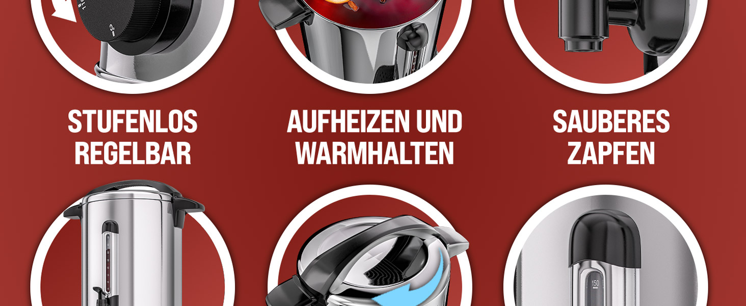 MONZANA Електричний нагрівач для глінтвейну 20 л з краном, термостатом 30-110°C, з нержавіючої сталі, на 90 чашок, для консервування, нагрівач пуншу, автомат для гарячих напоїв 20 л