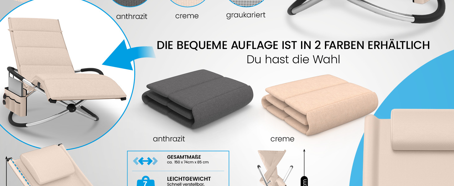 Крісло-гойдалка ELONEO для вулиці з кишенею, розслаблююче крісло до 180 кг, стійке до погодних умов, шезлонг для саду та балкону (з подушкою, кремово-антрацитовий)