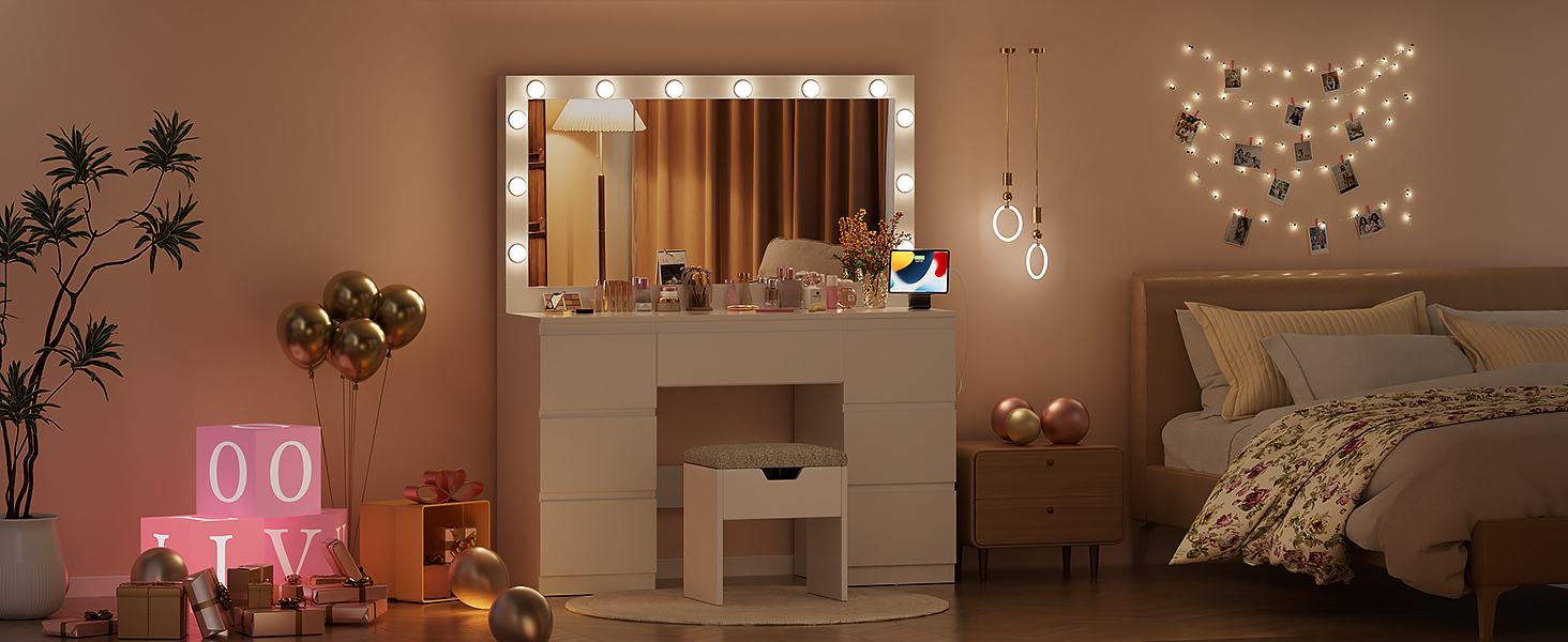 Дзеркальний туалетний столик Airfish з LED-підсвіткою та великим дзеркалом, 120x40x140 см. Туалетний столик з шухлядами та косметичним ящиком для спальні, білий
