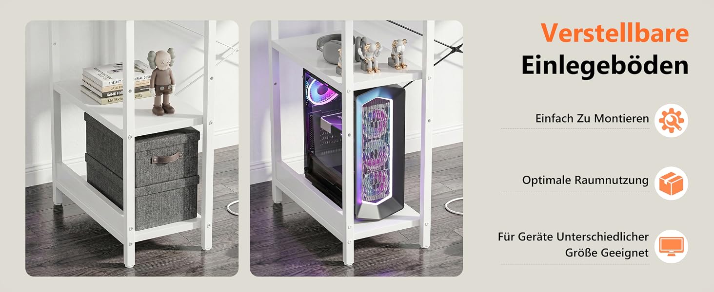 Кутовий ігровий стіл YOUDENOVA L-подібний з LED-підсвіткою, 4 шухлядами та розеткою, комп'ютерний стіл для геймерів та офісу з полицею для монітора, білий, 142x107 см