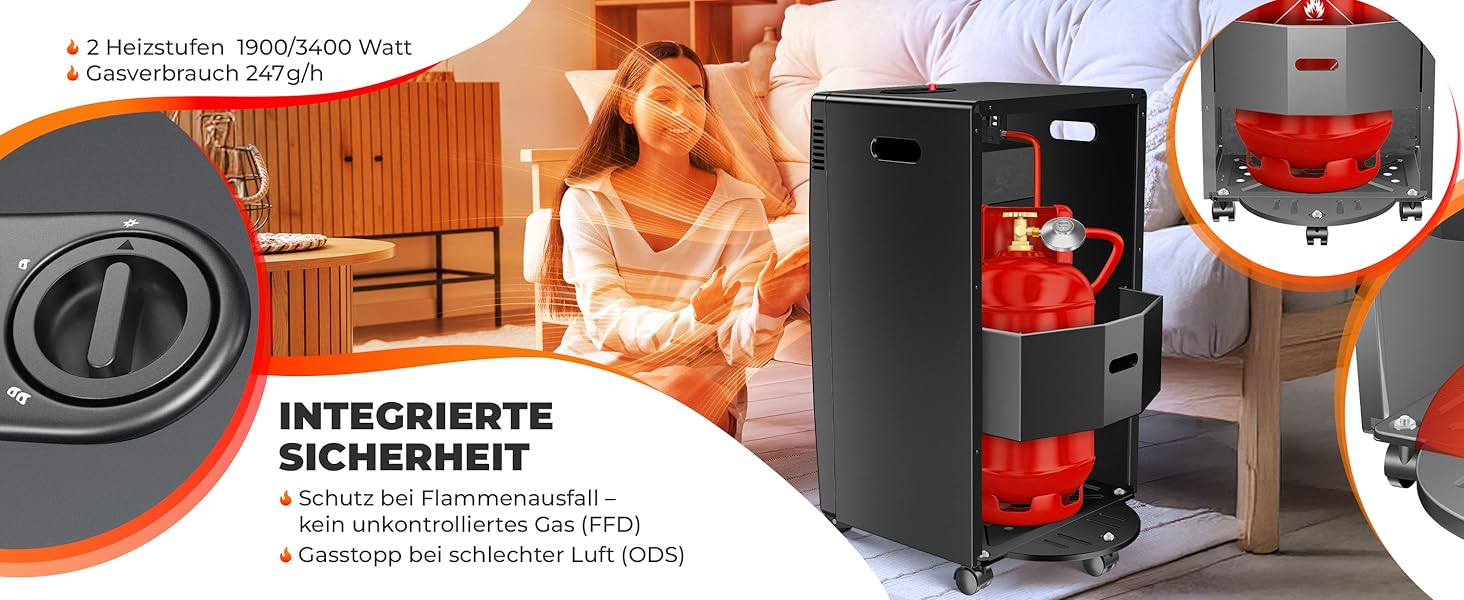 Газовий нагрівач KESSER®: газовий камін-нагрівач, 3.4 кВт, інфрачервоний, 2 режими, з регулятором та шлангом, чорний