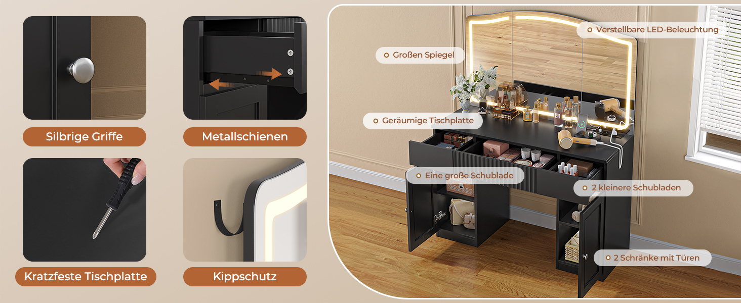 Великий туалетний столик AOGLLATI з великим дзеркалом та регульованою LED-підсвіткою. Косметичний столик з розетками, 3 висувними ящиками та 2 шафками. Сучасний туалетний столик для спальні (білий/чорний)