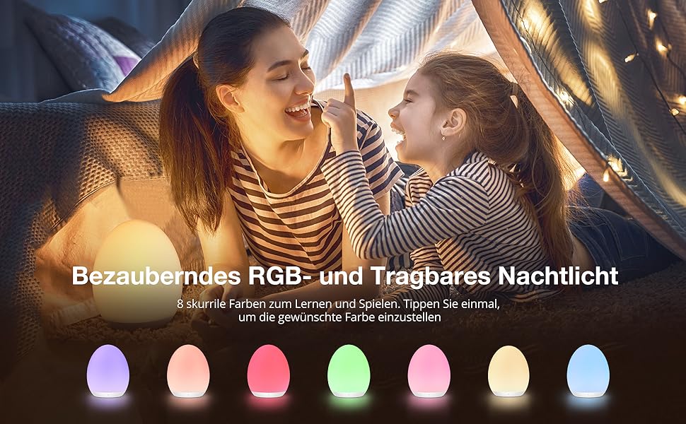 Нічник дитячий JolyWell з 8 режимами зміни кольору та регулюванням яскравості, перезаряджуваний нічник-яйце з таймером 1 година та сенсорним керуванням, білий