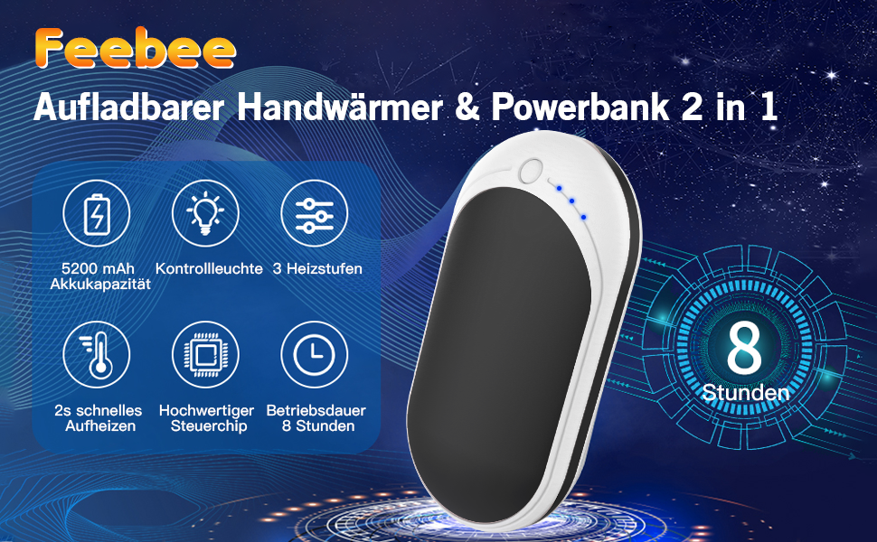 Електричний грієчка Feebee Handwärmer: USB-C, 5200 mAh, Power Bank, 3 режими нагріву, білий