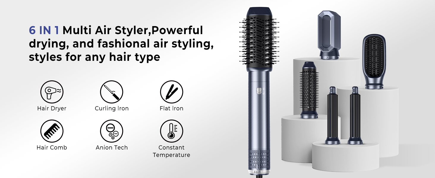 Багатофункціональний стайлер для волосся Haarstyler 6-в-1: фен-щітка, випрямляч, плойка, насадки для об'єму та локонів, блакитно-золотий