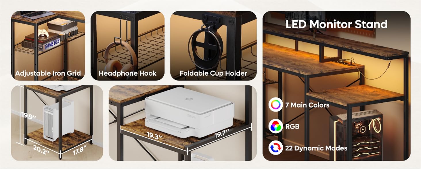 Ігровий стіл Bestier 181x80 см з LED-підсвіткою, L-подібний, 3 розетки AC, 2 USB, для комп'ютера, з великою платформою для монітора, карбон (коричневий)