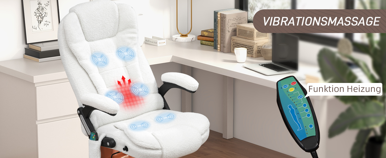 Крісло офісне Vinsetto з масажем, підігрівом, регулюванням нахилу та функцією розслаблення. Комп'ютерне крісло для офісу, кремово-біле, з кишенею з льону, оббивка з тедді-замші (100% поліестер).