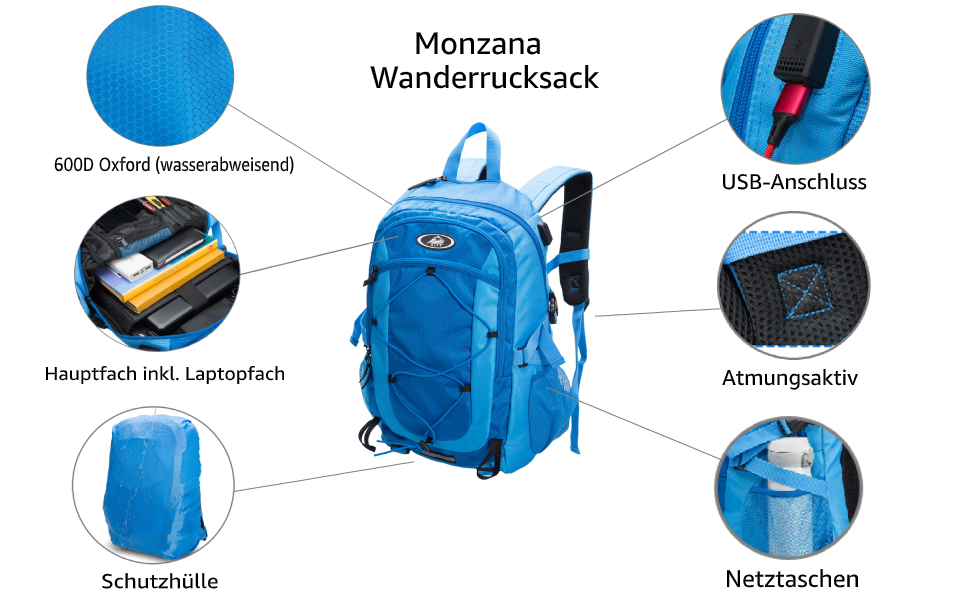 Рюкзак Monzana 25 л 700 г Легкий, стійкий до розривів, 100 водонепроникний чохол USB-порт Відкритий трекінговий рюкзак Рюкзак для відпочинку Туристичний рюкзак Туристичний рюкзак (синій)