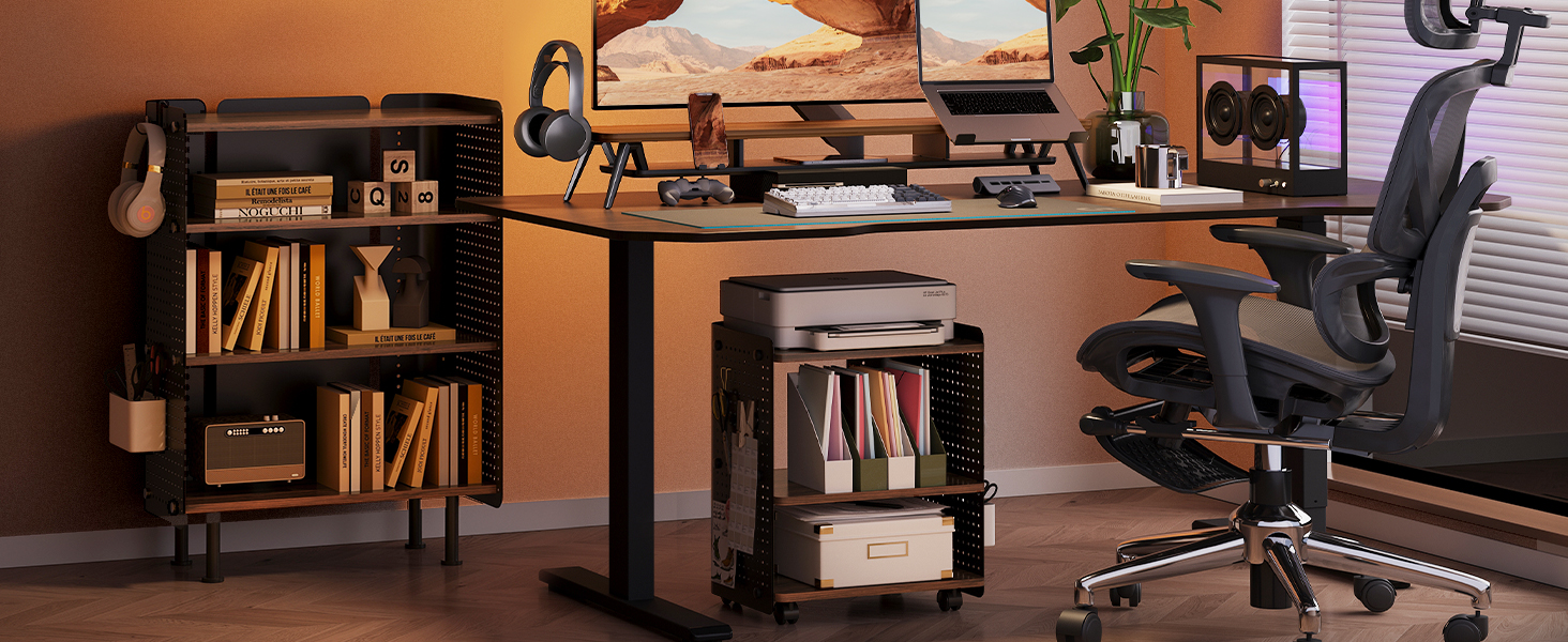 Стіл для принтера Fenge з колесами, мобільний тримач для принтера з перфорацією, 3 рівні, стійка для принтера/роликовий контейнер з органайзером, полиця, шафа для документів, для офісу та дому, 45,3x33,5x53,5 см (Дуб+Білий)