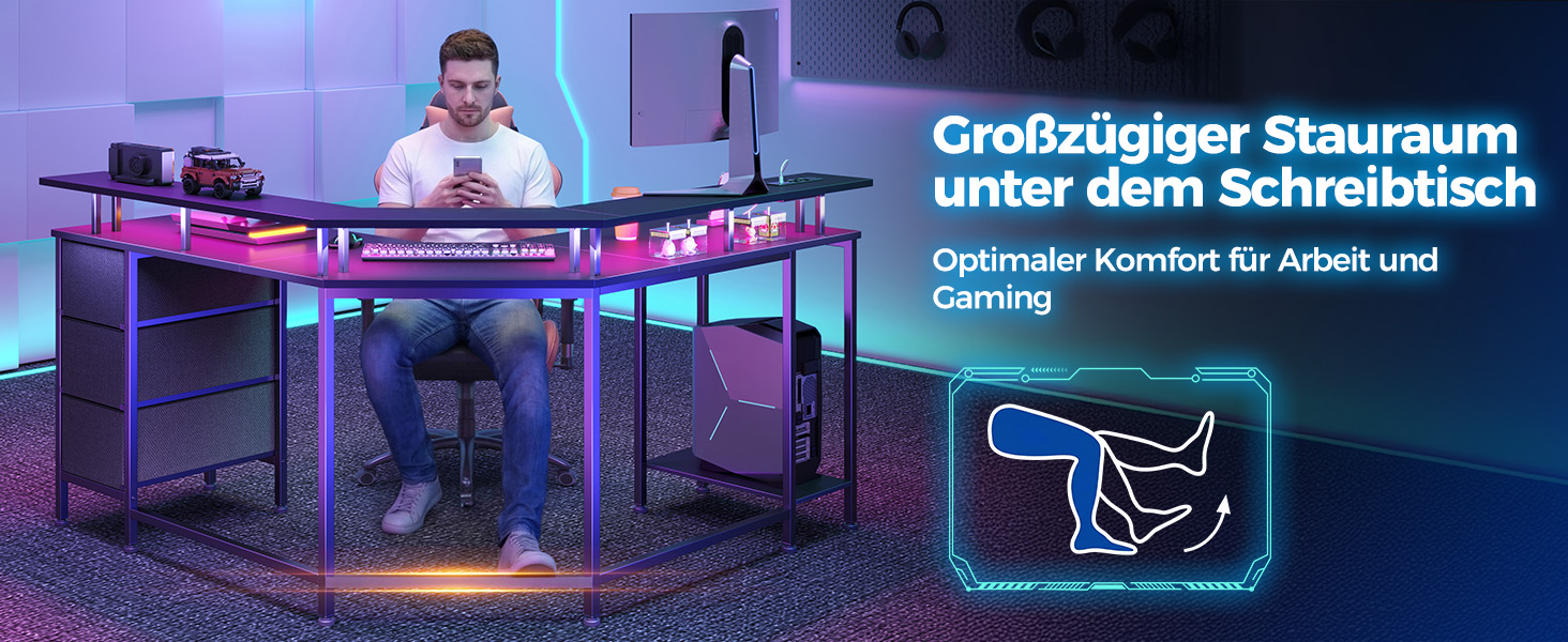 Ігровий кутовий стіл Seventable L-подібний з LED підсвіткою та розетками, 3 ящики, чорний 135x135x88 см