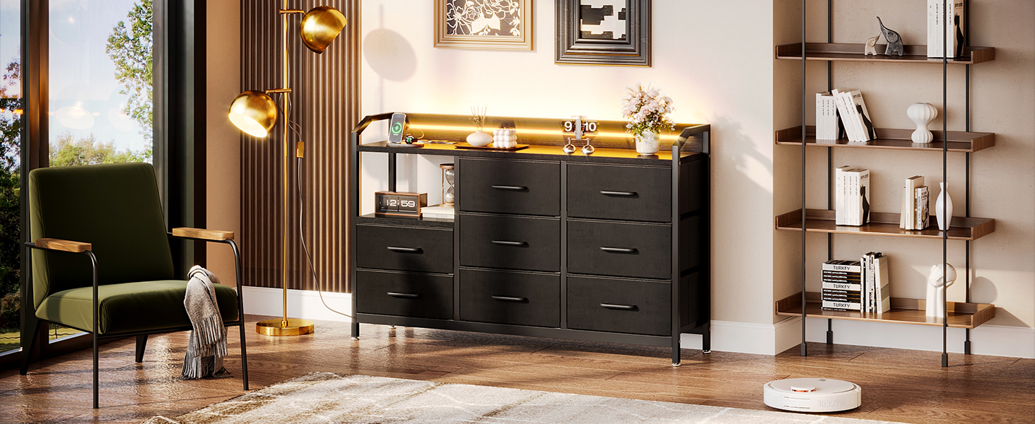 Комод ODK з висувними ящиками та LED-підсвіткою, 10 кольорів, 2 USB та 2 AC розетки, 8 тканинних ящиків, для вітальні та спальні, 110x30x88 см (Чорний)