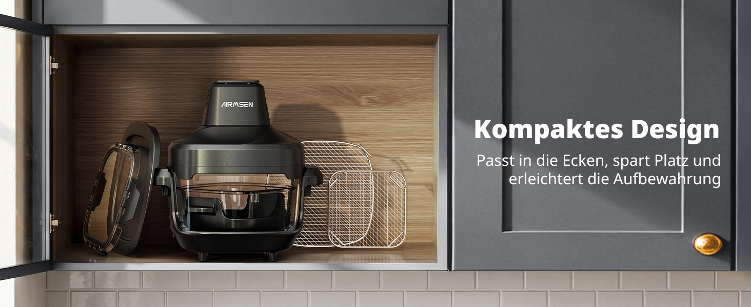 Фритюрниця повітряна AIRMSEN зі скляною чашею, 1500 Вт, 4.5L + 1.2L, 60–230 °C, 4 програми, знімна чаша, для мікрохвильовки та мийки посуду