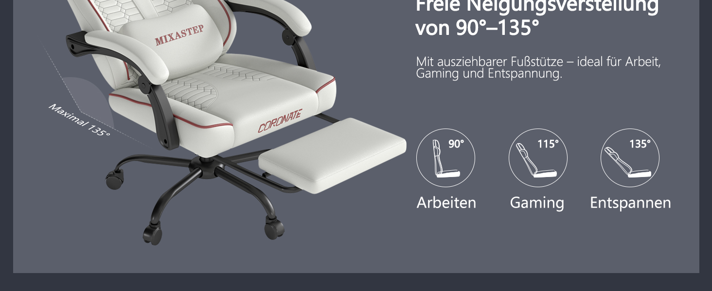 Ергономічне геймерське крісло з підніжкою, підголівником та підтримкою попереку. Регульоване геймерське крісло для дому та офісу, біло-червоне.