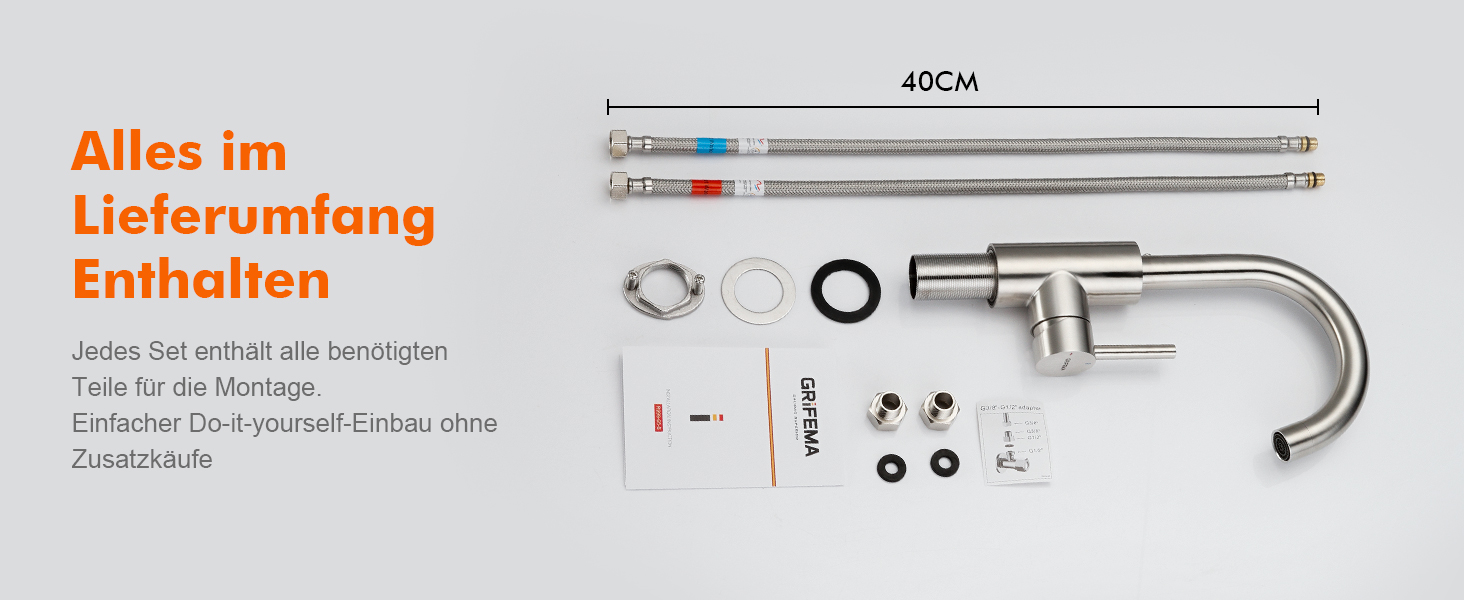 Змішувач для ванної кімнати GRIFEMA, 360° поворотний, однорідний, нержавіюча сталь, 180 мм, холодна та гаряча вода, економія води, проста установка, 3/8″ з'єднання, для гостьового туалету, G1002A сірий