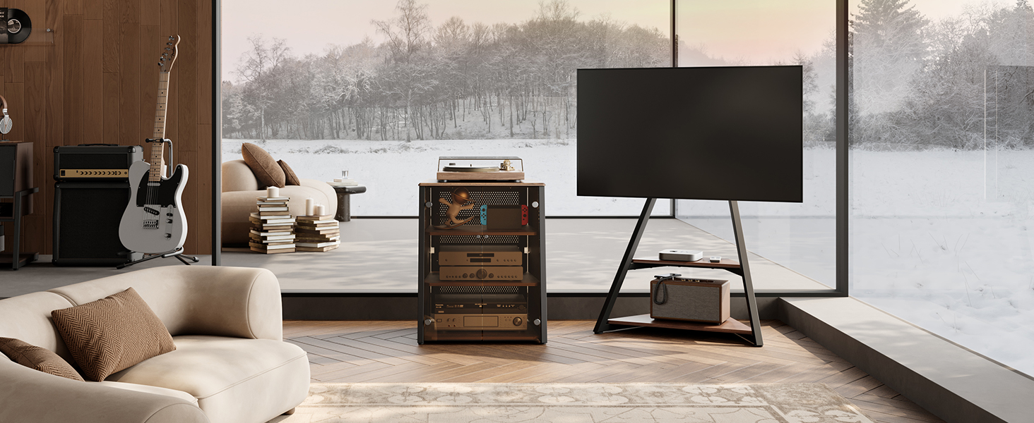 FITUEYES HiFi стійка з скляними дверцятами, стіл для програвача з захисним оснащенням, регульовані полиці для програвача та стереосистем, 66x65x81 см