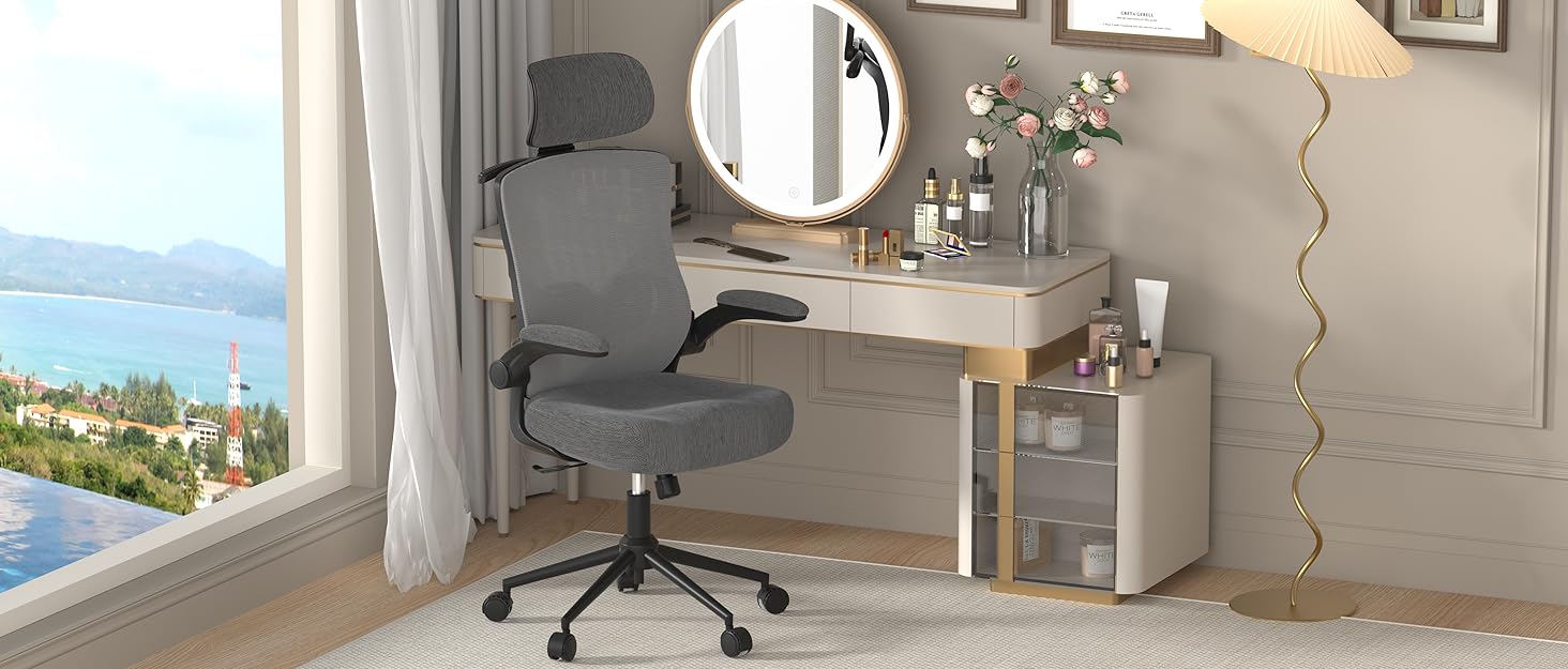 Ергономічне крісло для офісу з регульованою підголівником та поперековою підтримкою – високе офісне крісло з сітчастою спинкою та м'яким сидінням, вішалка для одягу та функцією блокування (Чорний)