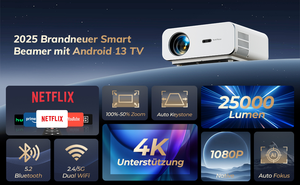 Smart-проектор Beamer 4K C12CNEW з автофокусом та автокоррекцією трапеції, Full HD 1080P, 28000 Люмен, WiFi, Bluetooth 5.2, для домашнього кінотеатру, сумісний з Netflix