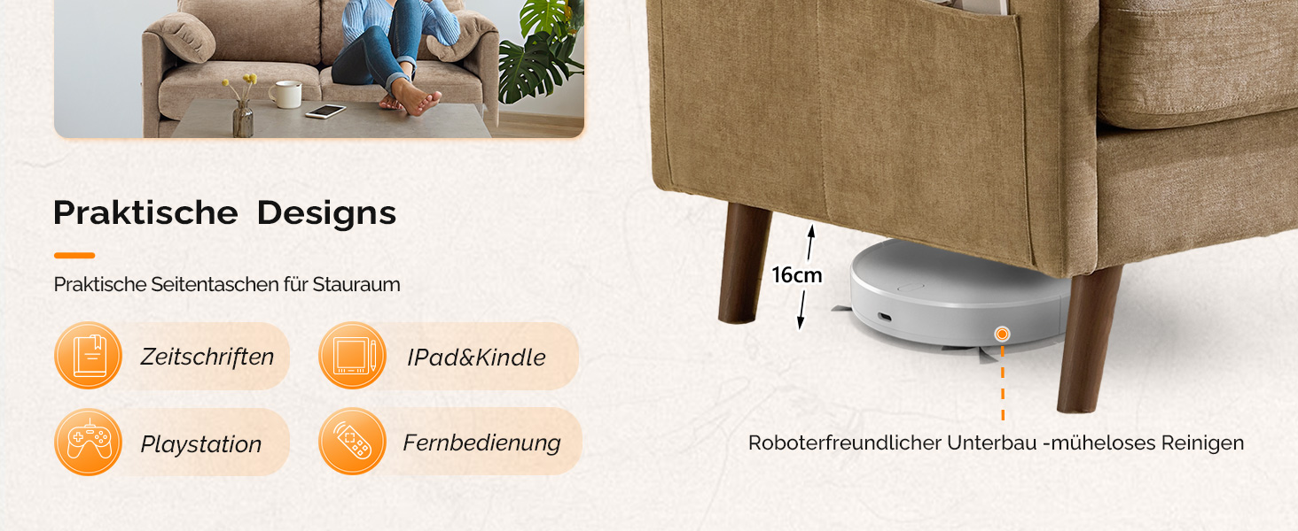 Диван Bonnlo 2-місний, компактний, 125 см, тканинний, з м'якими підлокітниками, для офісу, вітальні, спальні, кабінету, легка збірка, льон, коричневий