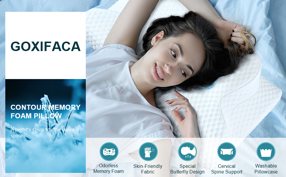 Ортопедична подушка GOXIFACA з Memory Foam, для шиї та спини, для тих, хто спить на боці, покращує якість сну, 60*35*10/12 см, блакитна