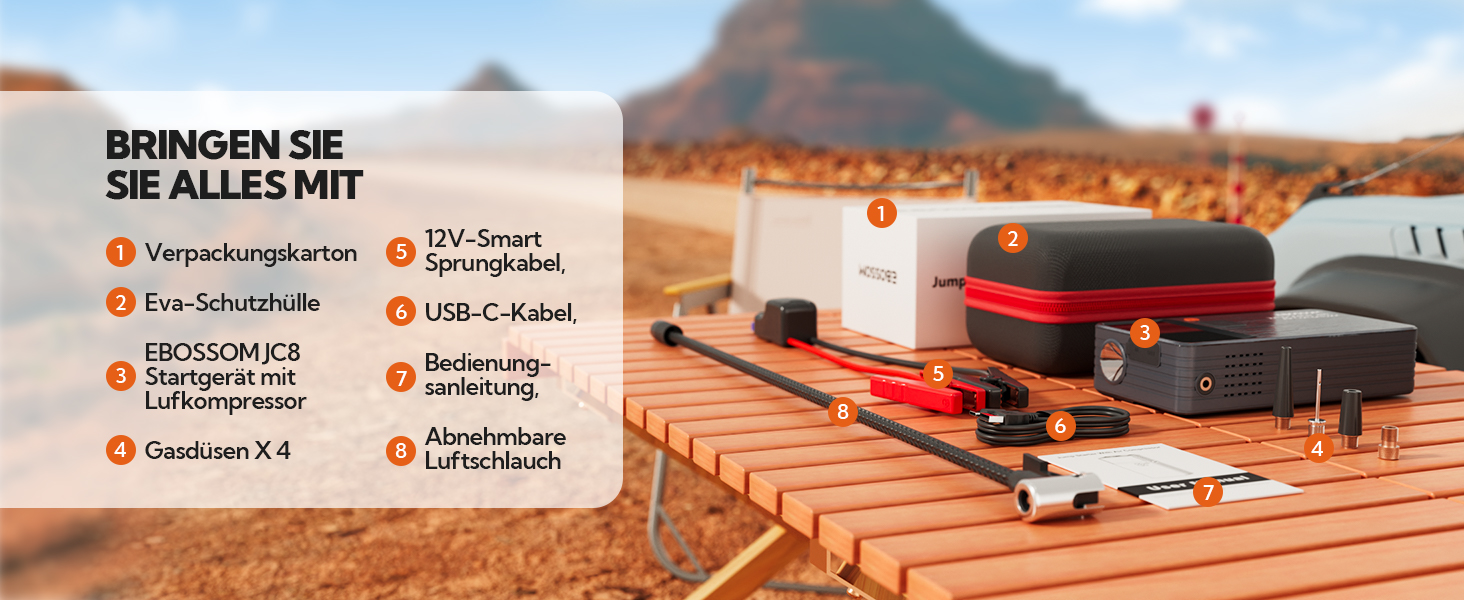 Бустер-пусковий пристрій для авто JC8 8000mAh 7-в-1: портативний компресор, Powerbank, LED-ліхтарик та USB-C зарядка, автомобільний jump starter
