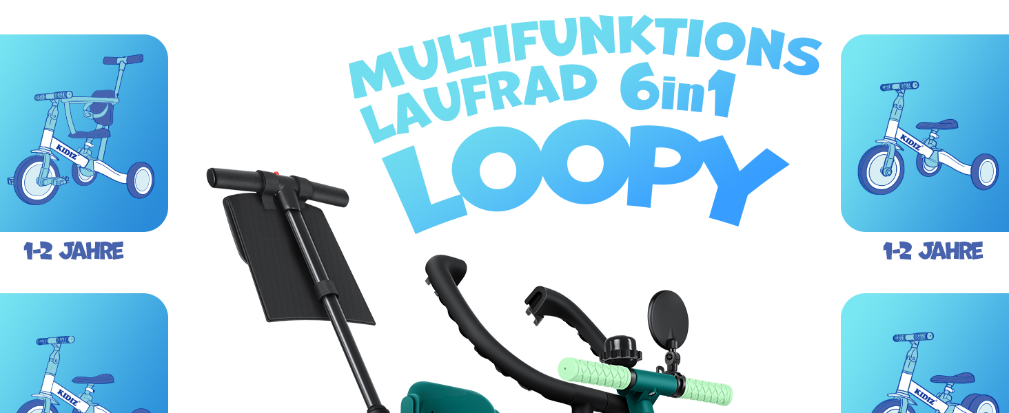 Біговел-триколіс KIDIZ 6-в-1 для дітей 1-5 років до 25 кг, з ручкою, захисним бампером, ременем безпеки, дзвінком та дзеркалом (зелений)