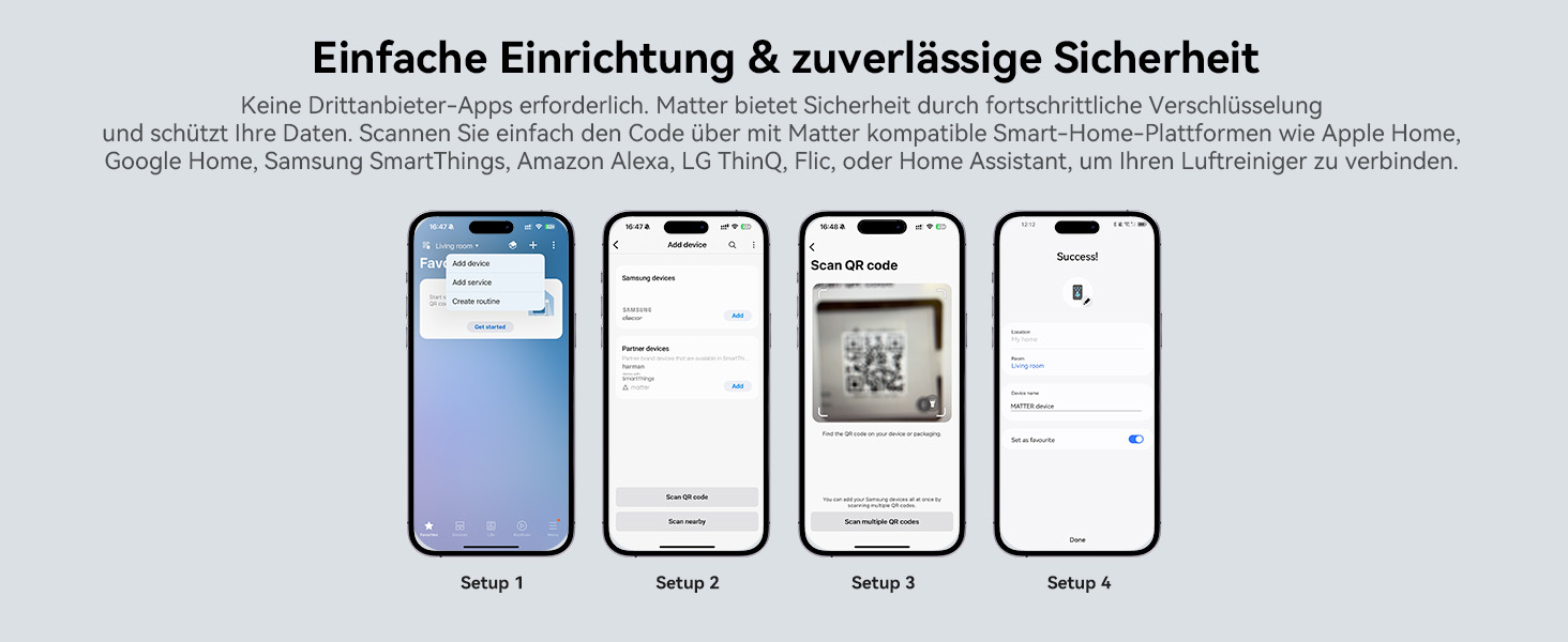 Повітряний фільтр з підтримкою Matter, сумісний з Apple Home, Alexa, Google Home, Home Assistant, HEPA фільтр H13, миючий попередній фільтр, функція ароматерапії, еко-режим для 62м² та 83м²